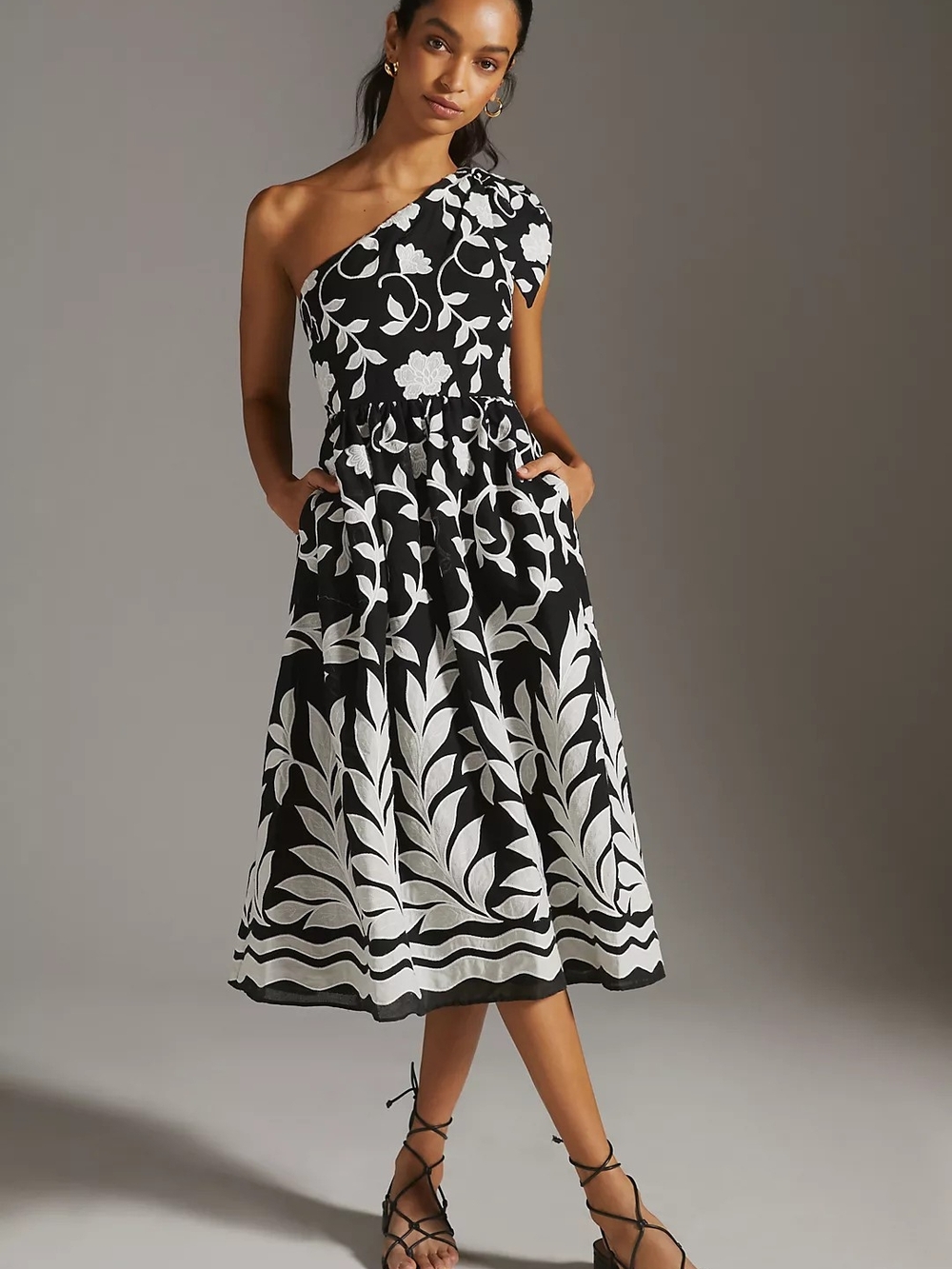 Anthropologie One-Shoulder Midi Dress Black & White Embroidered Flowers- 8